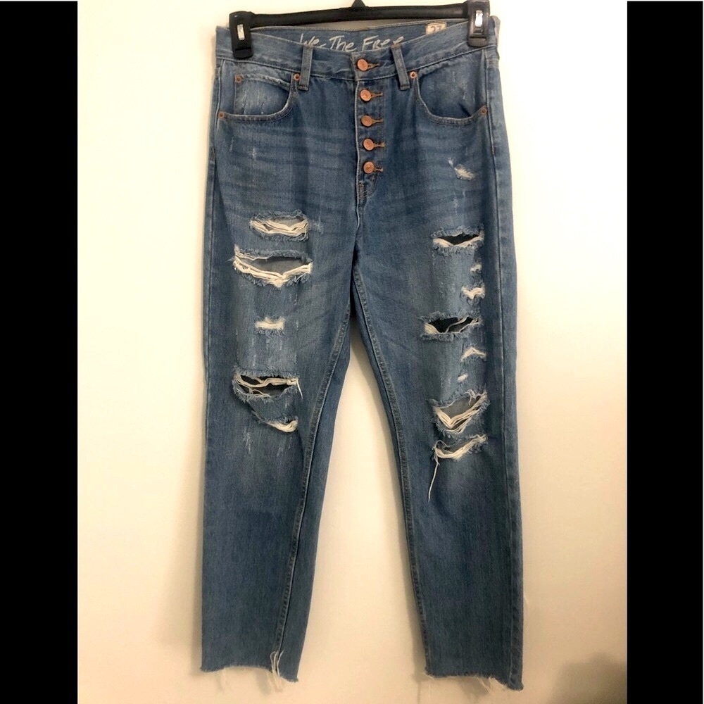 We The Free Regular High Rise Distressed Light Wash Raw Hem Button Fly Jeans